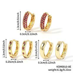 Красный Комплекты серег-колец из латуни с кубическим цирконием, красные, 13~12x2.5~3 мм