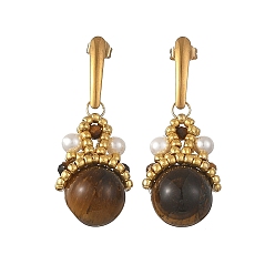 Golden Natural Tiger Eye Dangle Earrings for Women, Crown, 304 Stainless Steel Stud Earrings, Golden, 39x15.5mm