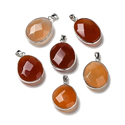 Dark Red Natural Agate Dyed Pendants, Brass Faceted Oval Charms, Platinum, Dark Red, 32x23.5x11.5mm, Hole: 7.6x3.8mm