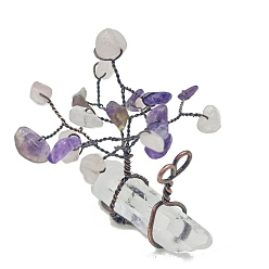 Mixed Stone Natural Amethyst and Natural Rose Quartz Chips Tree of Life Decorations, with Nuggets Gemstone Base and Copper Wire Feng Shui Energy Stone Gift for Women Men Meditation, 50x18x45mm