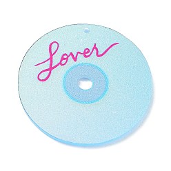 Light Sky Blue Valentine's Day Acrylic Pendants, Lover Disc Charm, Light Sky Blue, 37.5x1.5mm, Hole: 1.6mm