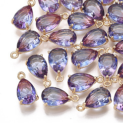 Разноцветный Стеклянные подвески, с латунной фурнитурой , граненые, слеза, золотые, красочный, 13x7x5 мм, отверстие : 1.2 мм