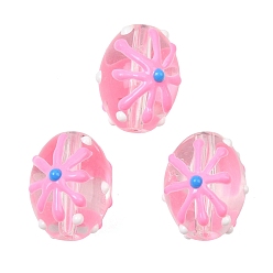 Pink Transparente Glasemailperlen, handgezeichnete Perlen, Oval mit Blume, rosa, 15.5x13x14 mm, Bohrung: 1.4 mm