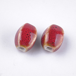 Red Handmade Porcelain Beads, Fancy Antique Glazed Porcelain, Oval, Red, 12~14x9~10.5x9~11mm, Hole: 2.5mm