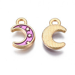 Deep Pink Light Gold Plated Alloy Enamel Pendants, Moon with Star, Deep Pink, 11.5x7.5x1.5mm, Hole: 1.5mm