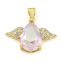 Lilac Rack Plating Brass Micro Pave Clear Cubic Zirconia Pendants, with Glass, Long-Lasting Plated, Cadmium Free & Lead Free, Teardrop with Wing Charms, Lilac, 17x23.5x7mm, Hole: 4.5x3.5mm