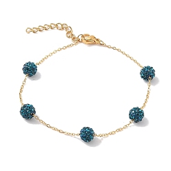 Prussian Blue 6mm Round Polymer Clay Rhinestone Link Bracelets, 304 Stainless Steel Cable Chain Bracelets for Women, Real 24K Gold Plated, Prussian Blue, 7-1/4 inch(18.5cm), Bead: 6mm