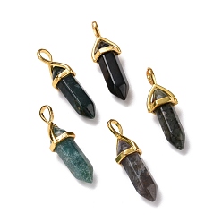Moss Agate Natural Moss Agate Pendants, Faceted, with Golden Tone Brass Findings, Lead free & Cadmium Free, Bullet, 27~30x9~10x7~8mm, Hole: 4x3mm
