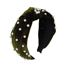 Velvet pearl military green Velvet Pearl Knot Headband - European and American Style, Versatile Hair Accessory.