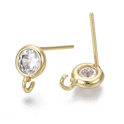 Real 18K Gold Plated Brass Micro Clear Cubic Zirconia Stud Earring Findings, with Loop, Nickel Free, Flat Round, Real 18K Gold Plated, 8x6mm, Hole: 1.2mm, Pin: 0.7mm