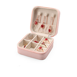 Pink Boîte organisatrice de bijoux carrée en simili cuir, de velours à l'intérieur, étui de rangement de bijoux portable, Pour la bague, boucles d'oreilles et collier, rose, 9.7x9.7x4.8 cm