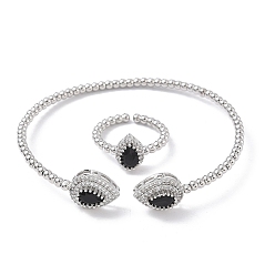 Черный Наборы из каплевидных латунных браслетов-манжет и колец с микропаве из кубических цирконий для женщин, стойки покрытие, платина, чёрные, браслет: 3~11ширина мм, 59x53 мм внутренним диаметром