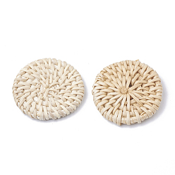 Antique White Handmade Reed Cane/Rattan Woven Beads, For Making Straw Earrings and Necklaces, No Hole/Undrilled, Bleach, Flat Round, Antique White, 37~42x5~7mm