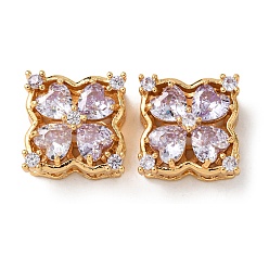 лаванда Латунные фианиты, инкрустированные кубическими циркониями, квадратные с цветочными многорядными звеньями, реальный 18 k позолоченный, лаванда, 13.5x13.5x6.5 мм, отверстие : 1.8 мм