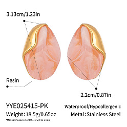 Pink Овальные 304 серьги-гвоздики из нержавеющей стали и смолы, реальный 18 k позолоченный, розовые, 31.1x22 мм