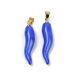 Royal Blue Handmade Lampwork with Brass Pendants, Horn of Plenty Charms, Royal Blue, 26.5x6.5x6.5mm, Hole: 5x3.5mm