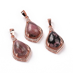 Rhodonite Natural Rhodonite Pendants, Teardrop Charms, with Rose Gold Tone Rack Plating Brass Findings, 32x19x10mm, Hole: 8x5mm