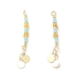 Light Blue Rack Plating Brass Pendants, with Glass Seed Beads, Real 18K Gold Plated, Flat Round, Light Blue, 34mm, Hole: 1.8mm