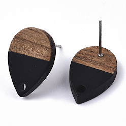 Black Resin & Walnut Wood Stud Earring Findings, with 304 Stainless Steel Pin, Teardrop, Black, 17x11mm, Hole: 1.8mm, Pin: 0.7mm