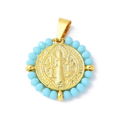 Светло-Голубой 304 подвески из нержавеющей стали, со стеклянными бусинами, ионное покрытие (ip), плоский круглый с шалфеем, реальный 18 k позолоченный, Небесно-голубой, 27.5x28x3.5 мм, отверстие : 8x4 мм