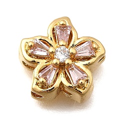 Pink Многожильные звенья из латуни с паве из кубического циркония, цветок, реальный 18 k позолоченный, розовые, 10.5x10.5x6.5 мм, отверстие : 1.5 мм