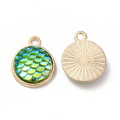 Green Yellow Alloy Resin Pendants, AB Color, Flat Round Charms with Scales Pattern, Golden, Green Yellow, 17x13.7x4mm, Hole: 1.8mm