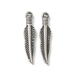 Antique Silver 304 Stainless Steel Pendants, Feather Charm, Antique Silver, 28.5x6x2.5mm, Hole: 1.8mm