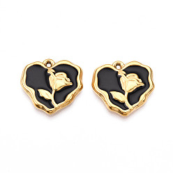 Black 304 Stainless Steel Pendants, with Enamel, Heart with Flower Charms, Real 18K Gold Plated, Ion Plating(IP), Black, 21x22x3.5mm, Hole: 1.2mm