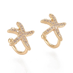 Real 18K Gold Plated Brass Micro Pave Clear Cubic Zirconia Cuff Earrings, Sea Star/Starfish, Real 18K Gold Plated, 9x1~2mm