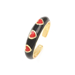 Black Brass Enamel Cuff Open Rings, Heart, Cadmium Free & Lead Free, Long-Lasting Plated, Rack Plating, Real 18K Gold Plated, Black, 5mm, Inner Diameter: 17mm