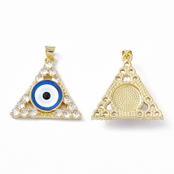 Blue Rack Plating Brass Micro Pave Clear Cubic Zirconia Pendants, with Resin, Real 18K Gold Plated, Long-Lasting Plated, Cadmium Free & Lead Free, Triangle with Evil Eye, Blue, 27x27.5x7.5mm, Hole: 4x3mm