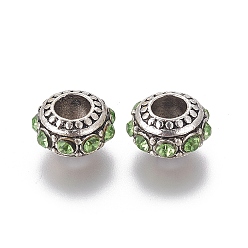 Peridot Alloy European Beads, with Rhinestone, Large Hole Beads, Rondelle, Antique Silver, Peridot, 13x7mm, Hole: 5mm