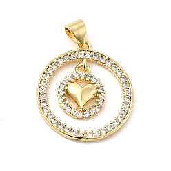 Clear Brass Micro Pave Cubic Zirconia Pendants, Round Ring & Heart Charm, Golden, Clear, 22.5x20.5x1.5mm, Hole: 4x3.5mm