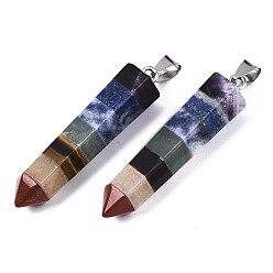 Colorful Assembled Natural Topaz Jade & Red Jasper & Red Agate & Lapis Lazuli & Quartz Crystal & Green Aventurine & Amethyst Big Pointed Pendants, with Stainless Steel Bails, Bullet, Colorful, 51~52x13.5x12mm, Hole: 9x4mm