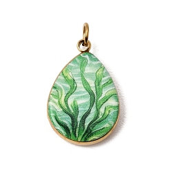 Green Printed 304 Stainless Steel Pendants, Teardrop with Seaweed Charms, Ion Plating(IP), Long-Lasting Plated, Golden, Green, 18x12x3mm, Hole: 2.5mm