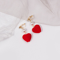E4808/Dahong Vintage Velvet Wine Red Heart Pearl Earrings with Geometric Diamond Clip-on, Chic Long Style