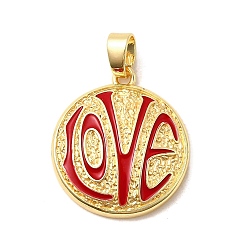 Красный Латунь эмаль подвески, плоские круглые прелести, без свинца и без кадмия, долговечный, стойки покрытие, реальный 18 k позолоченный, красные, 22.5x20x4.5 мм, отверстие : 3.5x6 мм