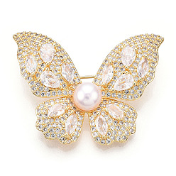 Real 14K Gold Plated Natural Pearl Butterfly Brooches for Women, Brass Pave Cubic Zirconia Pins, Real 14K Gold Plated, 32x41x11mm