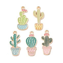 Light Gold Alloy Enamel Pendants, Cactus Charms, Light Gold, 22.5~23x10x1.5mm, Hole: 1.6mm