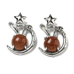 Камень с Пылевым Золотом Синтетические голдстоуновские подвески, Подвески в виде кролика со стойкой из латуни, луны и звезды, платина, без кадмия и без свинца, 27.5x18x9 мм, отверстие : 6x2.5 мм