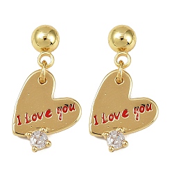 Настоящее золото 18K Серьги-гвоздики в форме сердца из латуни с прозрачным фианитом и прозрачным фианитом, с эмалью, без кадмия и без свинца, стойки покрытие, долговечный, реальный 18 k позолоченный, слово, 22.5x12.5 мм