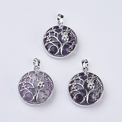 Amethyst Natural Amethyst Pendants, with Brass Findings, Flat Round with Tree of Life, Platinum, 31~32x27x8~9mm, Hole: 5x7mm