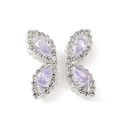 лаванда Латунные микро проложить кубического циркония бусы, крыло бабочки, со стразами, серебряные, лаванда, 10.5x26x9.5 мм, отверстие : 1.2 мм