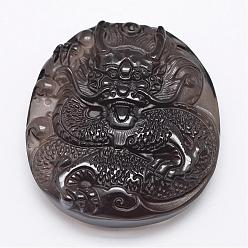 Black Natural Ice Crystal Obsidian Carven Pendants, Chinese Dragon, Black, 52.5x47x14mm, Hole: 2mm