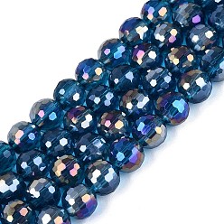 Steel Blue Transparent Glass Beads Strands, Round, Faceted(96 Facets), AB Color Plated, Steel Blue, 8mm, Hole: 1~1.2mm, about 67~71pcs/strand, 19.29~20.87 inch(49~53cm)