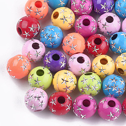 Mixed Color Plating Acrylic Beads, Metal Enlaced, Round with Star, Mixed Color, 10x9.5mm, Hole: 2mm, about 900pcs/500g