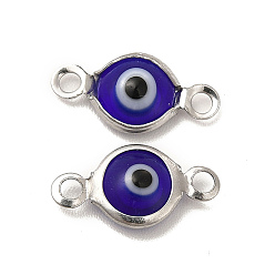 Mauve 304 Stainless Steel Connector Charms, Flat Round Links with Evil Eye Pattern, with Glass Enamel, Stainless Steel Color, Mauve, 13x6.5x2.5mm, Hole: 1.5mm