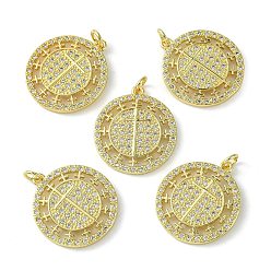 Real 18K Gold Plated Rack Plating Brass Micro Pave Cubic Zirconia Pendants,, Long-Lasting Plated, Lead Free & Cadmium Free, Flat Round with Cross Charm, Real 18K Gold Plated, 23x20x2.5mm