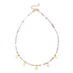 Plum Star Pendant Necklaces, with Brass Cube Beads, Glass Beads, 304 Stainless Steel Charm and Lobster Claw Clasps, Golden, Plum, 17.72 inch(45cm)