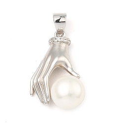 Real Platinum Plated Rhodium Plated 925 Sterling Silver Pendants, with Natural Pearl Beads, Hand Charms, with S925 Stamp, Real Platinum Plated, 21x14x7mm, Hole: 5x3.5mm